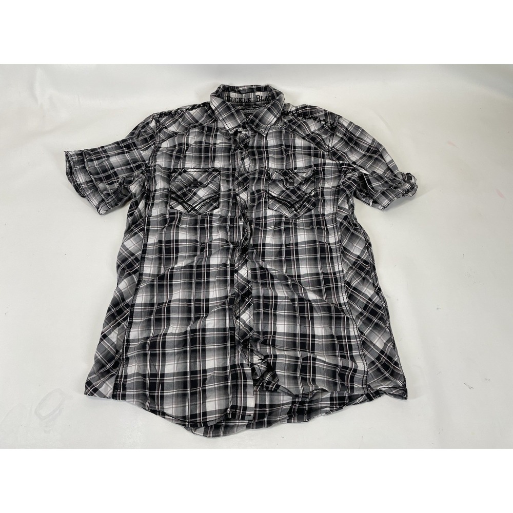 Buckle Black Slim Fit 048 Plaid Short Sleeve Snap Button Up Shirt Mens L Gray